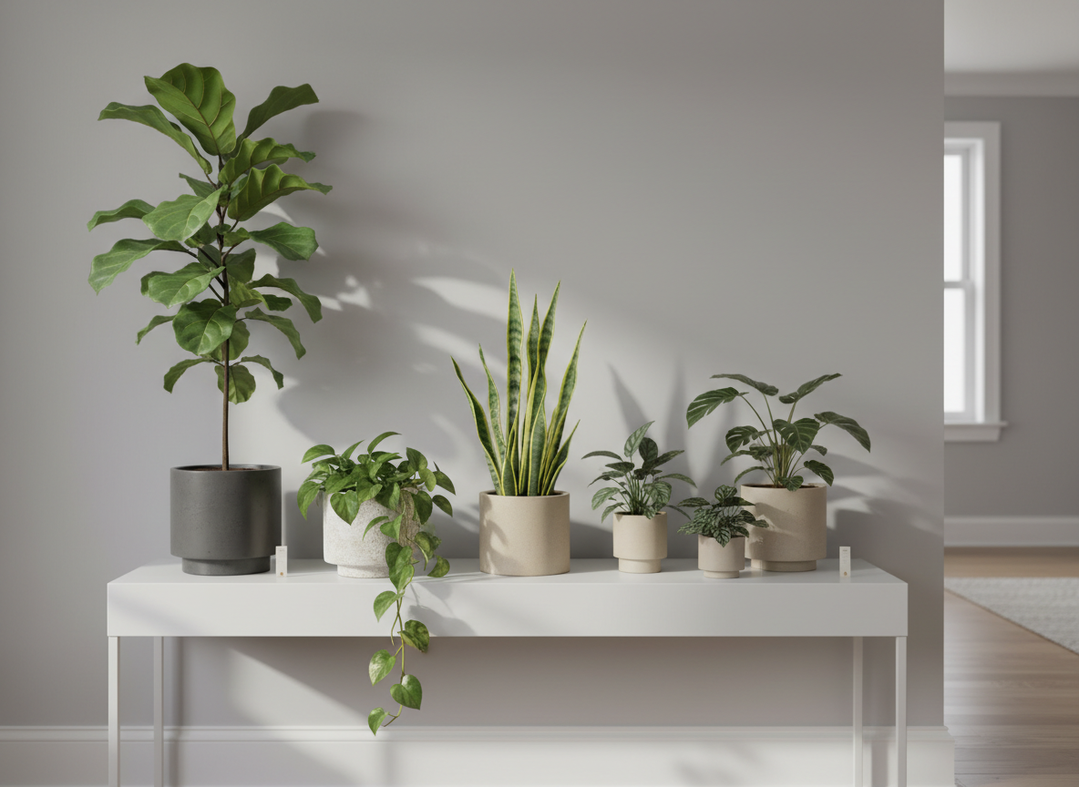 A meticulously arranged collection of premium houseplants displayed on a long, matte white console against a soft dove-gray wall. A tall, glossy-leaved fiddle leaf fig in a smooth charcoal ceramic pot anchors one side, balanced by a cascading pothos in a pale stone planter and a sculptural snake plant in a sand-colored cylinder. Soft, diffused morning light enters from an unseen window to the left, creating gentle shadows and subtle highlights on each leaf’s texture. The background is slightly blurred but uncluttered, emphasizing the plants’ refined silhouettes. Photographic realism with a clean, modern, minimalist aesthetic, shot at eye level with a slight angle, medium depth of field, and a calm, sophisticated atmosphere that conveys premium, sustainably grown greenery ready for delivery.